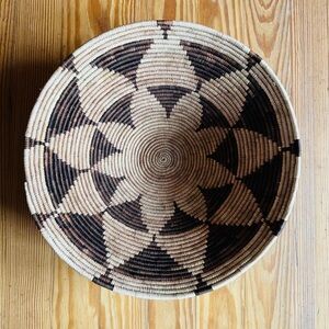 Vintage Handwoven Botswana Coil Cone Basket African Palm Fiber Flower Design 14"